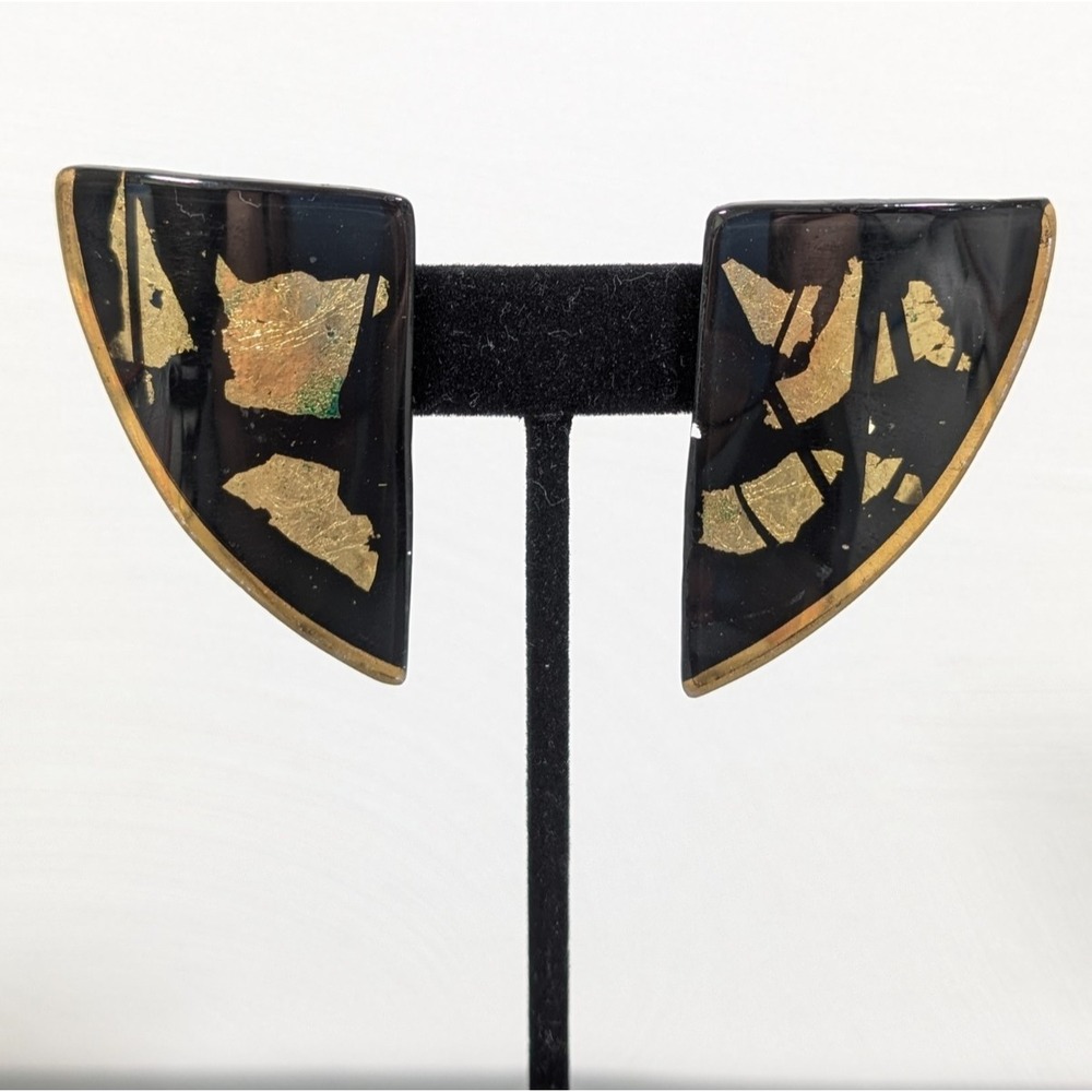 Vintage Bold Triangle Fan Statement Earrings - Black & Gold Tone Glass